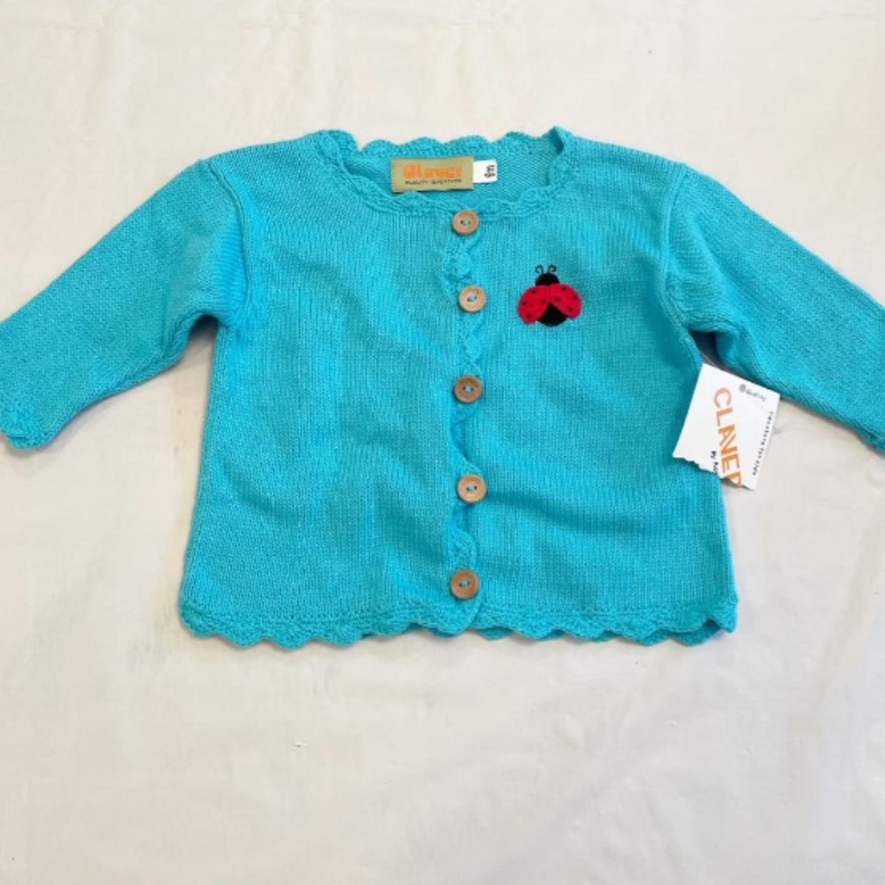 Claver Baby Girl Blue 6 m Cardigan Cotton Knit sweater w Embroidered Ladybug-NWT